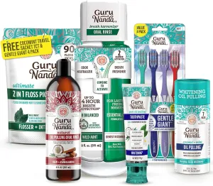 GuruNanda Gum Hygiene Makeover Kit with Ashwagandha & Cocomint (Travel Size) Oil Pulling, Neem Toothpaste, Breath Harmonizer Mouthwash, 2-in-1 Floss Picks & Whitening Toothbrushes