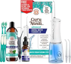 GuruNanda Gums of Steel Kit – Advanced Dental Water Flosser (UV Mode), Concentrated Mouthwash, Cocomint Pulling Oil, Butter on Gums Toothbrush & Tongue Scraper for Happy Gums
