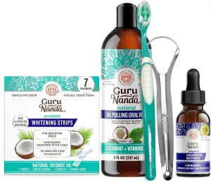 GuruNanda Oral Kit Including Coconut Oil Pulling with Essential Oils & Vitamins,Teeth Whitening Strips & Concentrated Mouthwash for Holistic Oral Care