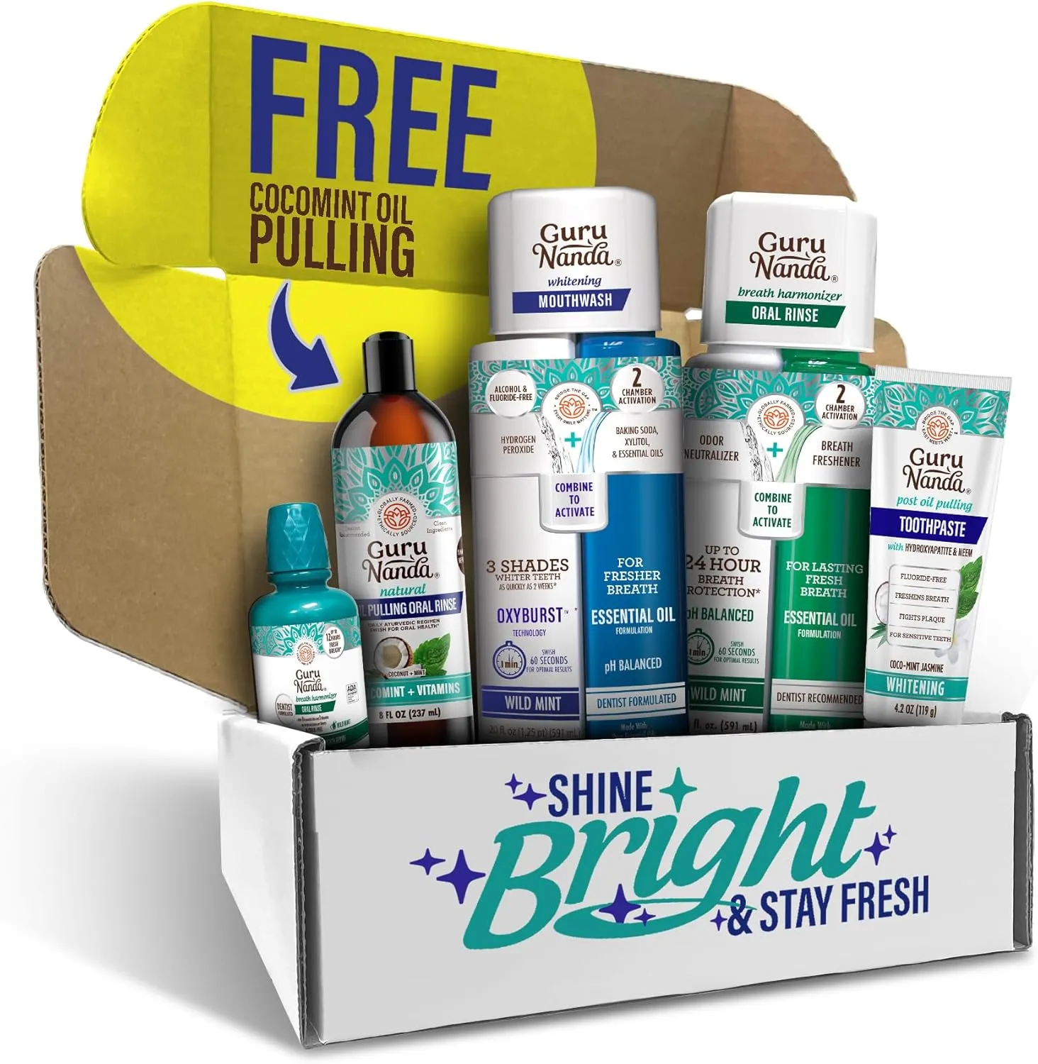 GuruNanda Shine Bright Stay Fresh – Dual Barrel Whitening & Breath Harmonizer Mouthwash & Neem Toothpaste for Long-Lasting Fresh Breath & Teeth Whitening