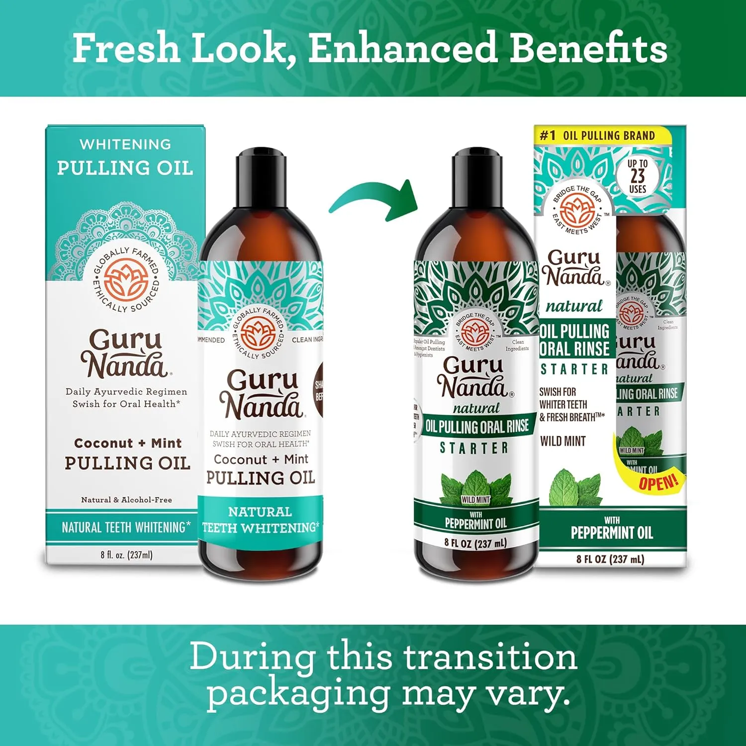GuruNanda Starter Pulling Oil Mouthwash for Natural Teeth Whitening, Coconut and Peppermint Oil for Fresh Breath & Happy Gums, Alcohol-Free, 8 Oz