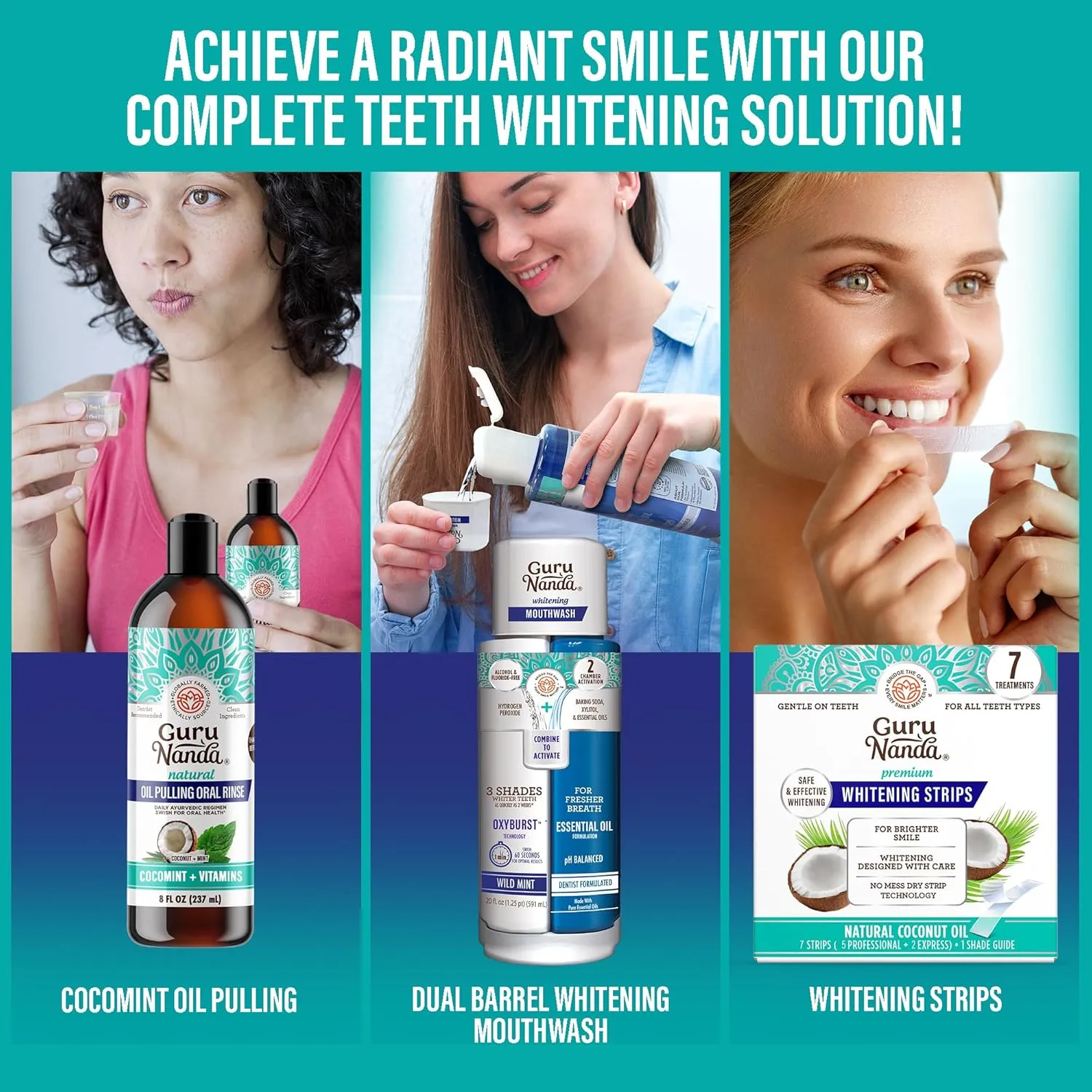 GuruNanda Total Smile Makeover Kit Regular with Cocomint Oil Pulling, Dual Barrel Whitening Mouthwash, Whitening Strips & Butter on Gums Toothbrushes