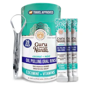GuruNanda Travel Sachets Coconut Oil Pulling, Fresh Breath & Whitening Mouthwash, 7 Essential Oils & Vitamins for Happy Teeth & Gums, 28 Sachets