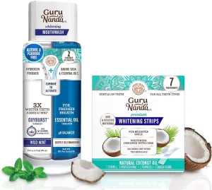 GuruNanda Whitening Wonder Duo, Dual Barrel Oxyburst Whitening Mouthwash 20 Oz & Teeth Whitening Strips with No Slip, Dry Strip Tech, 7 Day Treatments