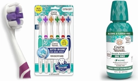 GuruNanda Butter On Gums Toothbrush (6 Ct) & Oral Rinse Mouthwash (16 Oz) - Ultra Soft, Alcohol-Free, 7 Essential Oils, Wild Mint Flavor