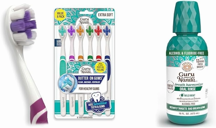 GuruNanda Butter On Gums Toothbrush (6 Ct) & Oral Rinse Mouthwash (16 Oz) - Ultra Soft, Alcohol-Free, 7 Essential Oils, Wild Mint Flavor