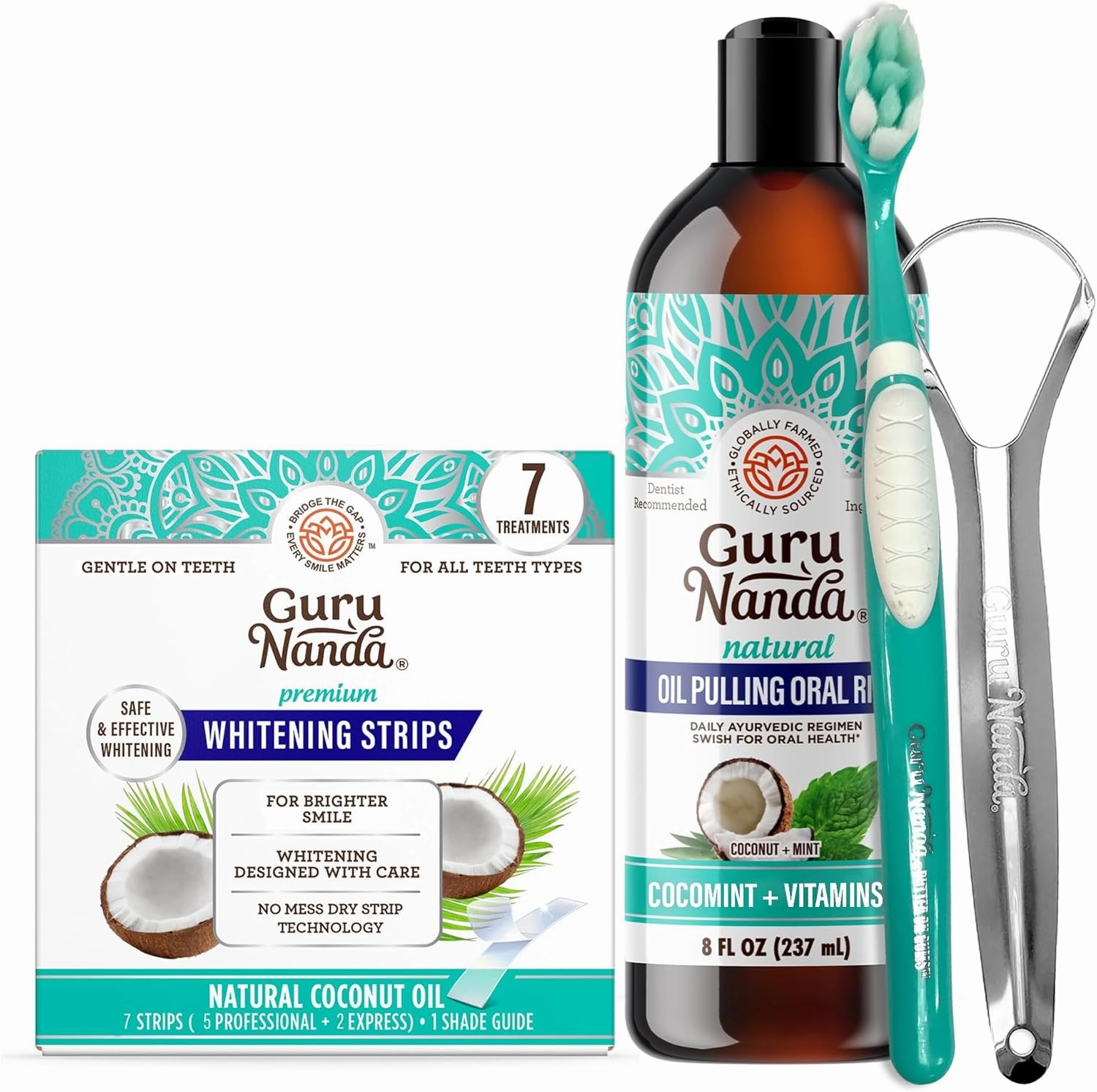 GuruNanda Coconut & Mint Oil Pulling with Tongue Scraper & Teeth Whitening Strips - 7 Treatments with 14 Strips - Enamel-Safe Strips for Sensitive Teeth