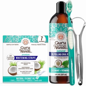 GuruNanda Coconut & Mint Oil Pulling with Tongue Scraper & Teeth Whitening Strips - 7 Treatments with 14 Strips - Enamel-Safe Strips for Sensitive Teeth