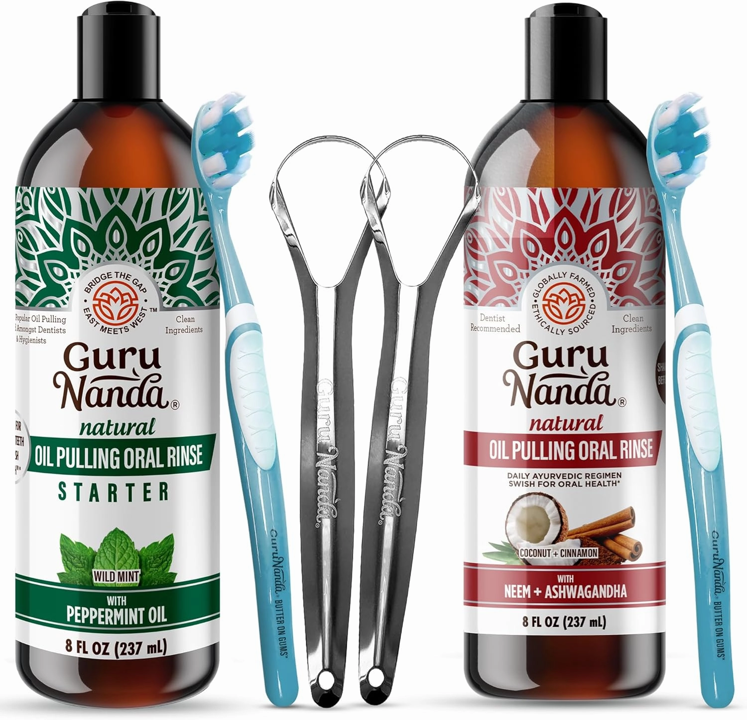 GuruNanda Coconut & Peppermint Oil Pulling (8 Fl.Oz) and Ashwagandha Oil Pulling (8 Fl Oz), Alcohol Free Whitening Mouthwash for Fresh Breath & Whiter Teeth