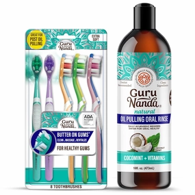 GuruNanda Complete Oral Care Bundle – Butter on Gums Softex Bristle Toothbrush & CocoMint Oil Pulling Mouthwash (16oz) for Fresh Breath & Happier Gums