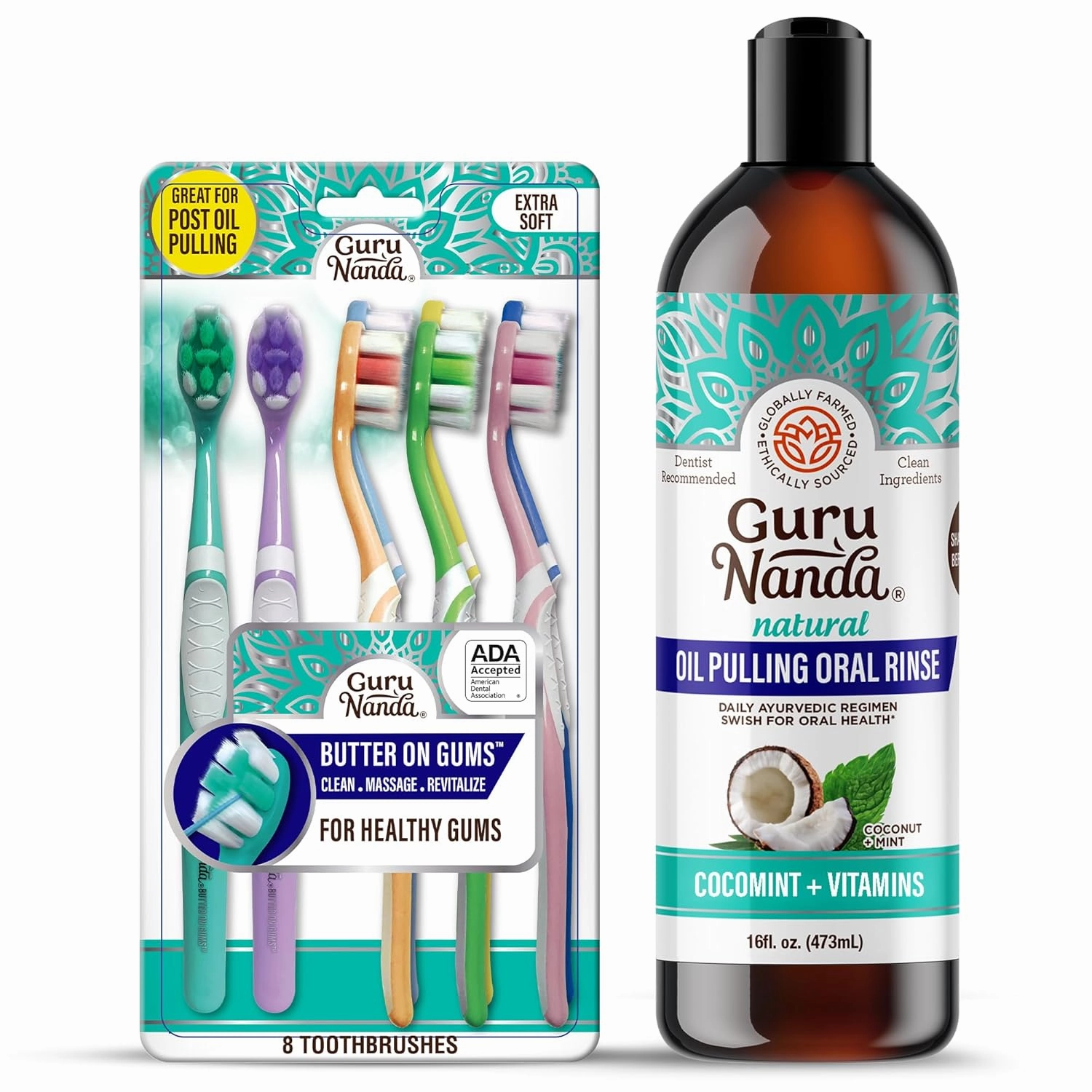 GuruNanda Complete Oral Care Bundle – Butter on Gums Softex Bristle Toothbrush & CocoMint Oil Pulling Mouthwash (16oz) for Fresh Breath & Happier Gums