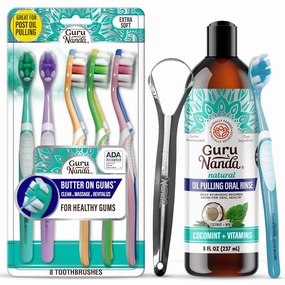 GuruNanda Complete Oral Care Bundle – Butter on Gums Softex Bristle Toothbrush & CocoMint Oil Pulling Mouthwash for Fresh Breath & Happier Gums