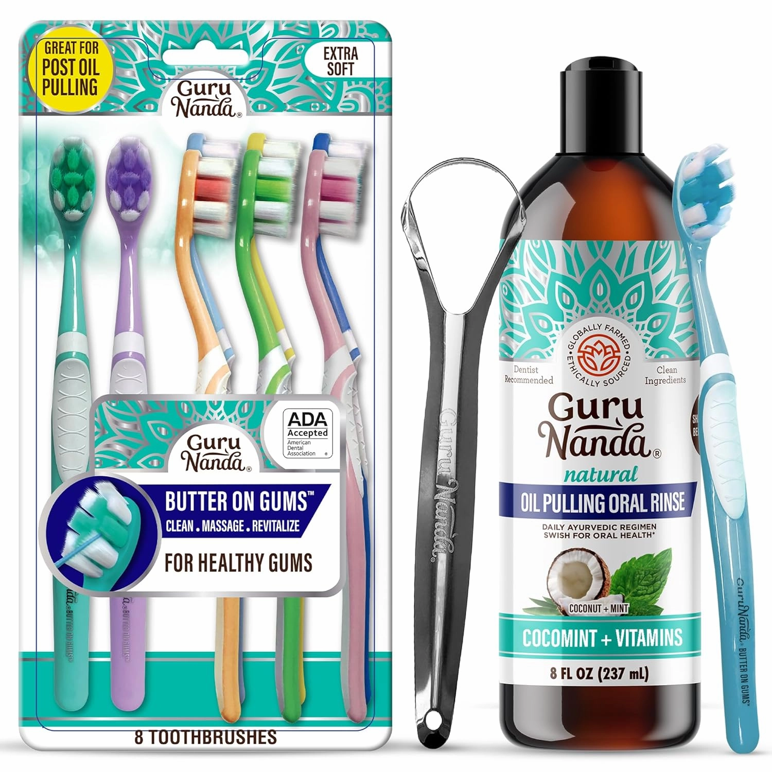 GuruNanda Complete Oral Care Bundle – Butter on Gums Softex Bristle Toothbrush & CocoMint Oil Pulling Mouthwash for Fresh Breath & Happier Gums