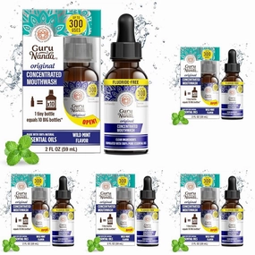 GuruNanda Concentrated Mouthwash (2 fl oz), Fluoride-Free, Mint Mouthwash with Natural Essential Oils, Supports 300 Rinses, Aids in Fresh Breath (Pack of 5)