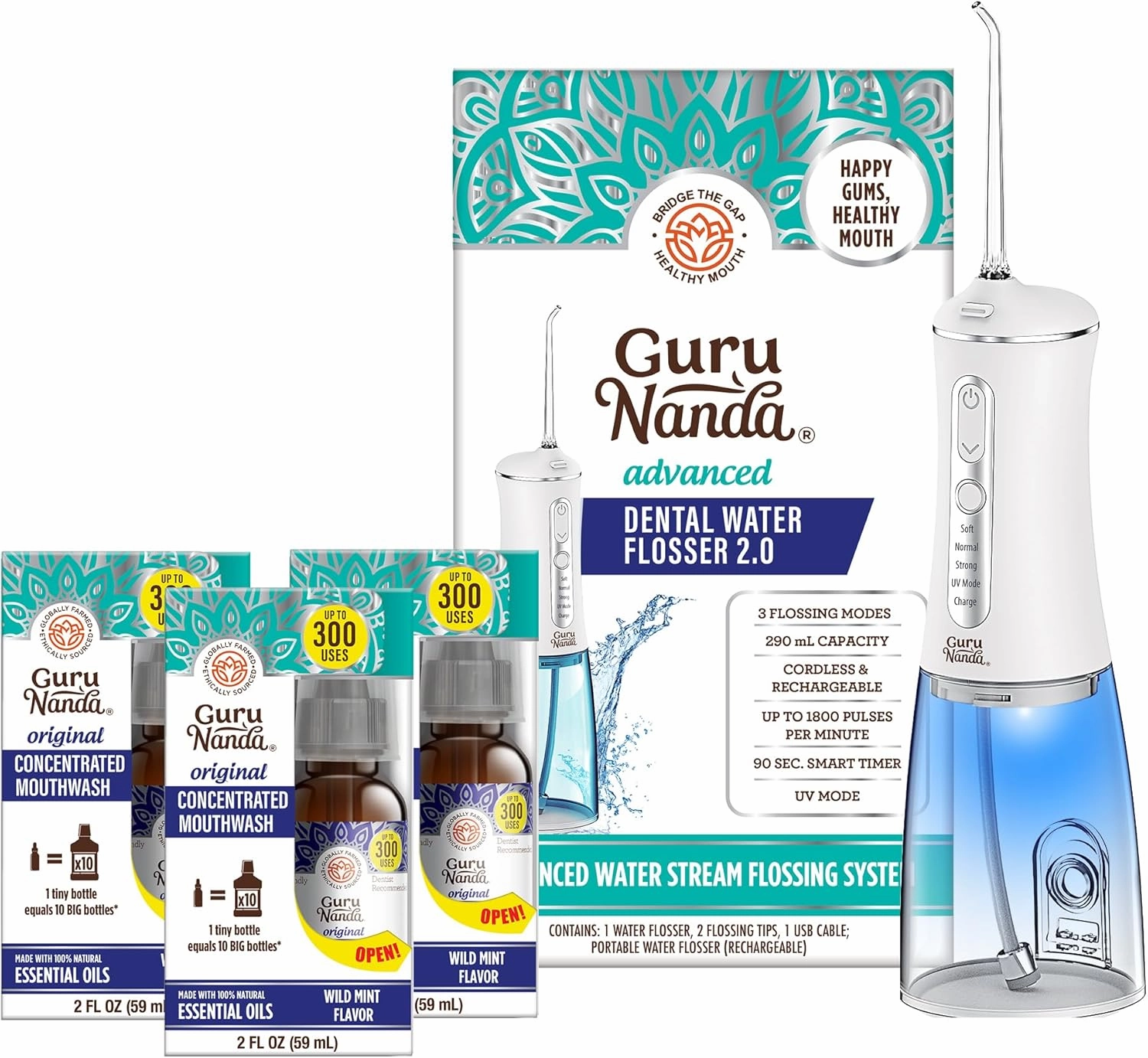 GuruNanda Concentrated Mouthwash,Fluoride-Free (2 fl oz - 3pk) with Advanced Dental Water Flosser 2.0 - Cordless & Portable - 300 ml Water Tank
