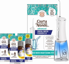 GuruNanda Concentrated Mouthwash,Fluoride-Free (2 fl oz - 3pk) with Advanced Dental Water Flosser 2.0 - Cordless & Portable - 300 ml Water Tank