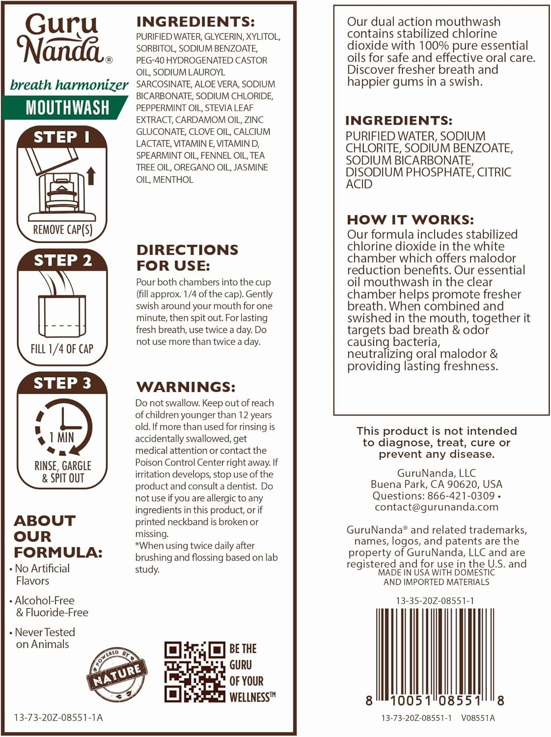 GuruNanda Dual Barrel Breath Harmonizer Mouthwash - Freshens Breath - Alcohol & Fluoride Free with Sodium Chlorite & Essential Oils - Wild Mint Flavor, 3 Pack