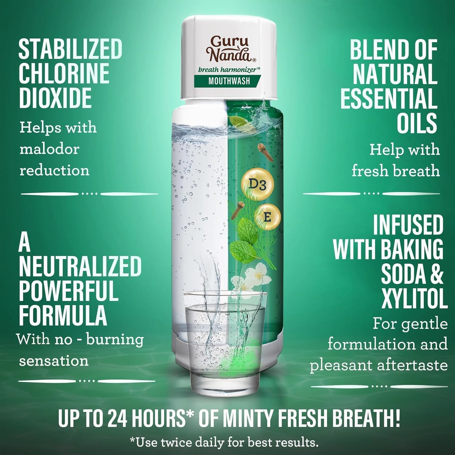 GuruNanda Dual Barrel Breath Harmonizer Mouthwash - Freshens Breath - Alcohol & Fluoride Free with Sodium Chlorite & Essential Oils - Wild Mint Flavor, 3 Pack
