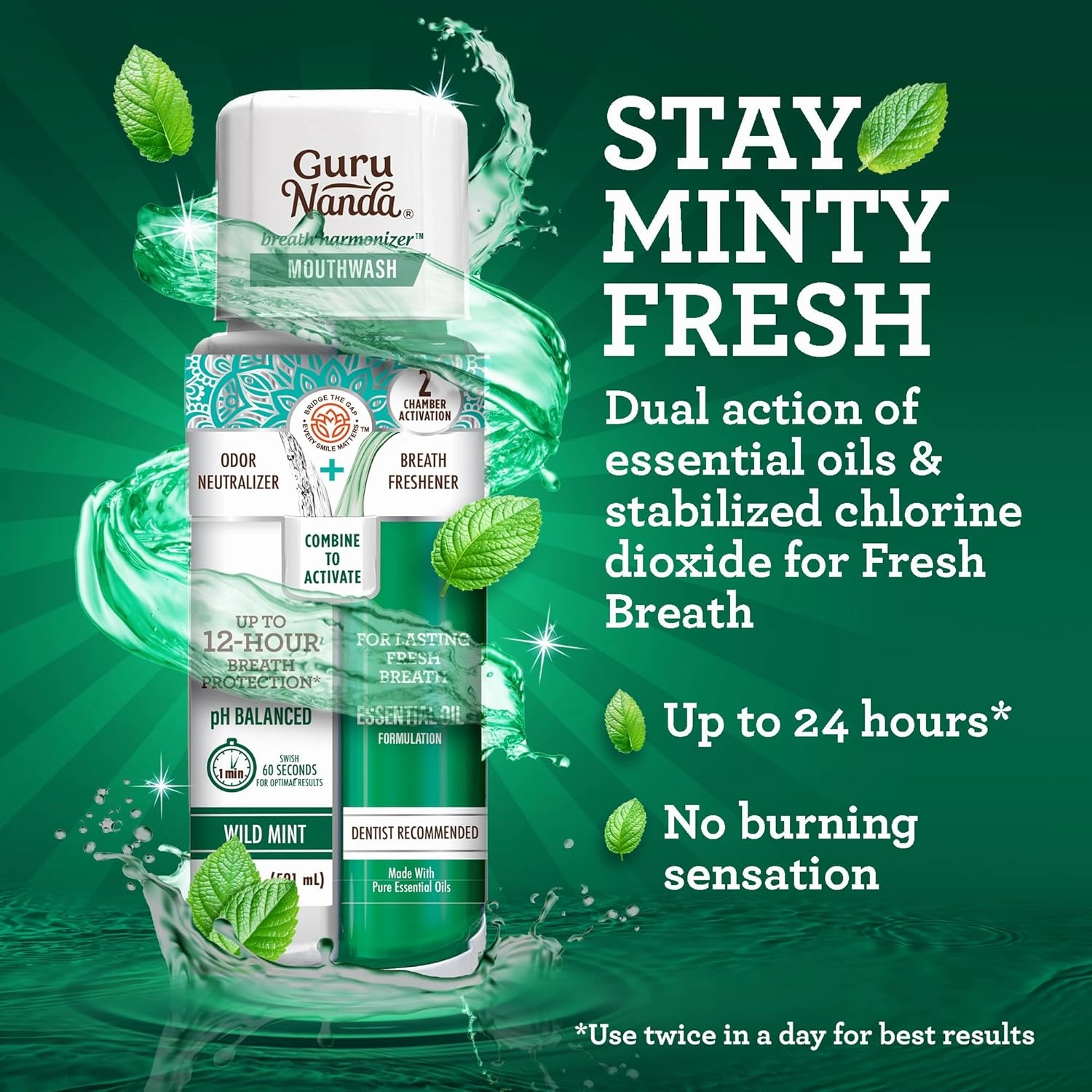 GuruNanda Dual Barrel Breath Harmonizer Mouthwash - Freshens Breath - Alcohol & Fluoride Free with Sodium Chlorite & Essential Oils - Wild Mint Flavor, 3 Pack