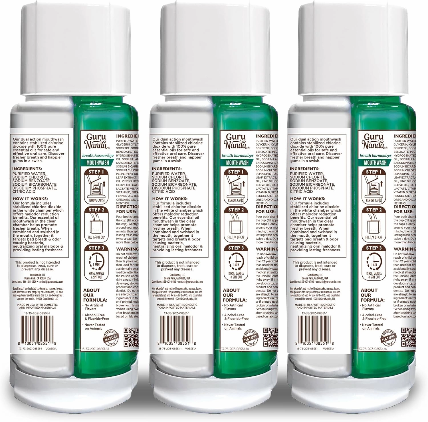 GuruNanda Dual Barrel Breath Harmonizer Mouthwash - Freshens Breath - Alcohol & Fluoride Free with Sodium Chlorite & Essential Oils - Wild Mint Flavor, 3 Pack