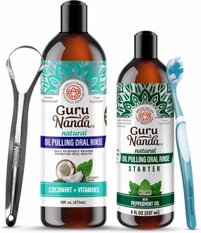 GuruNanda Happy Gums & Fresh Breath Bundle – CocoMint Oil Pulling Mouthwash & Coconut Peppermint Whitening Pulling Oil for a Brighter Smile & Happier Gums