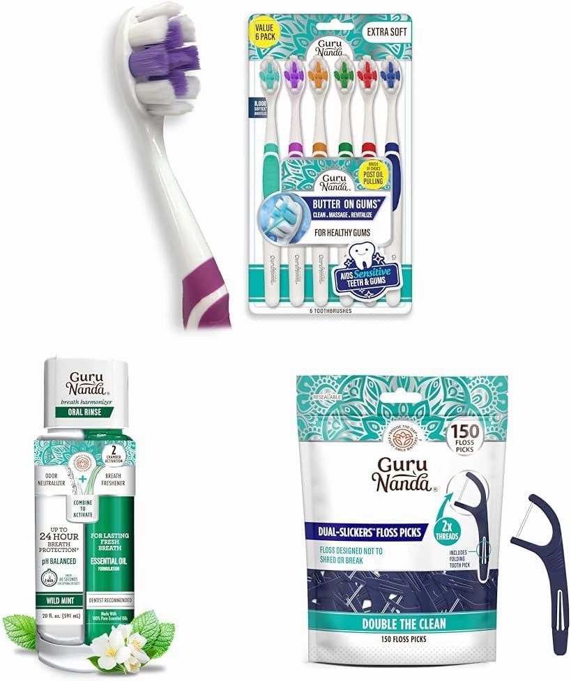 GuruNanda Oral Care Bundle – Butter On Gums Toothbrush (6 Ct), Dual Barrel Oral Rinse Mouthwash (20 Fl Oz), & Dual Slickers Floss Picks (150 Ct) – Alcohol & Fluoride Free