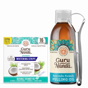 GuruNanda Original Oil Pulling, Alcohol & Fluoriode Free Mouthwash with Tongue Scraper and Teeth Whitening Strips -16 Day Treatments