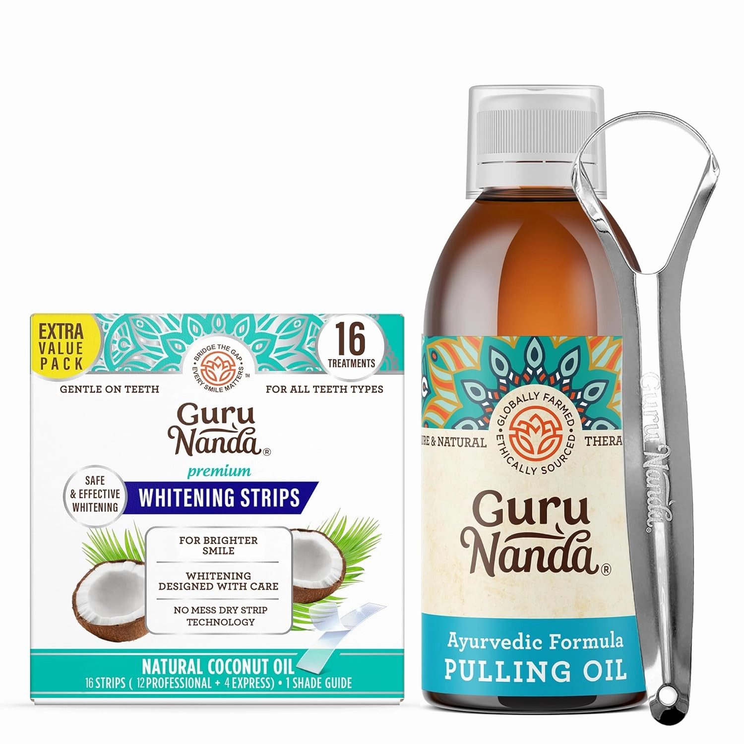 GuruNanda Original Oil Pulling, Alcohol & Fluoriode Free Mouthwash with Tongue Scraper and Teeth Whitening Strips -16 Day Treatments