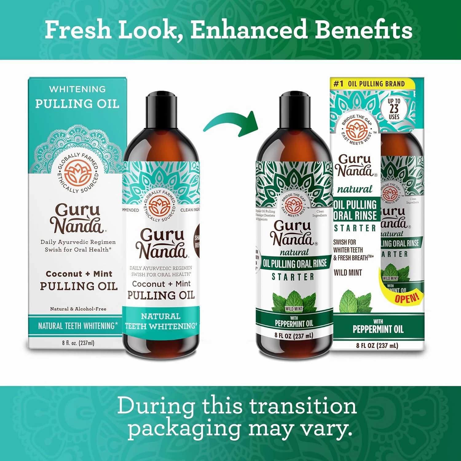 GuruNanda Starter Pulling Oil Mouthwash for Natural Teeth Whitening, Coconut and Peppermint Oil for Fresh Breath & Happy Gums, Alcohol-Free, 2X8 Oz