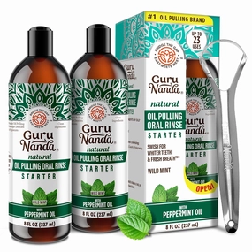 GuruNanda Starter Pulling Oil Mouthwash for Natural Teeth Whitening, Coconut and Peppermint Oil for Fresh Breath & Happy Gums, Alcohol-Free, 2X8 Oz