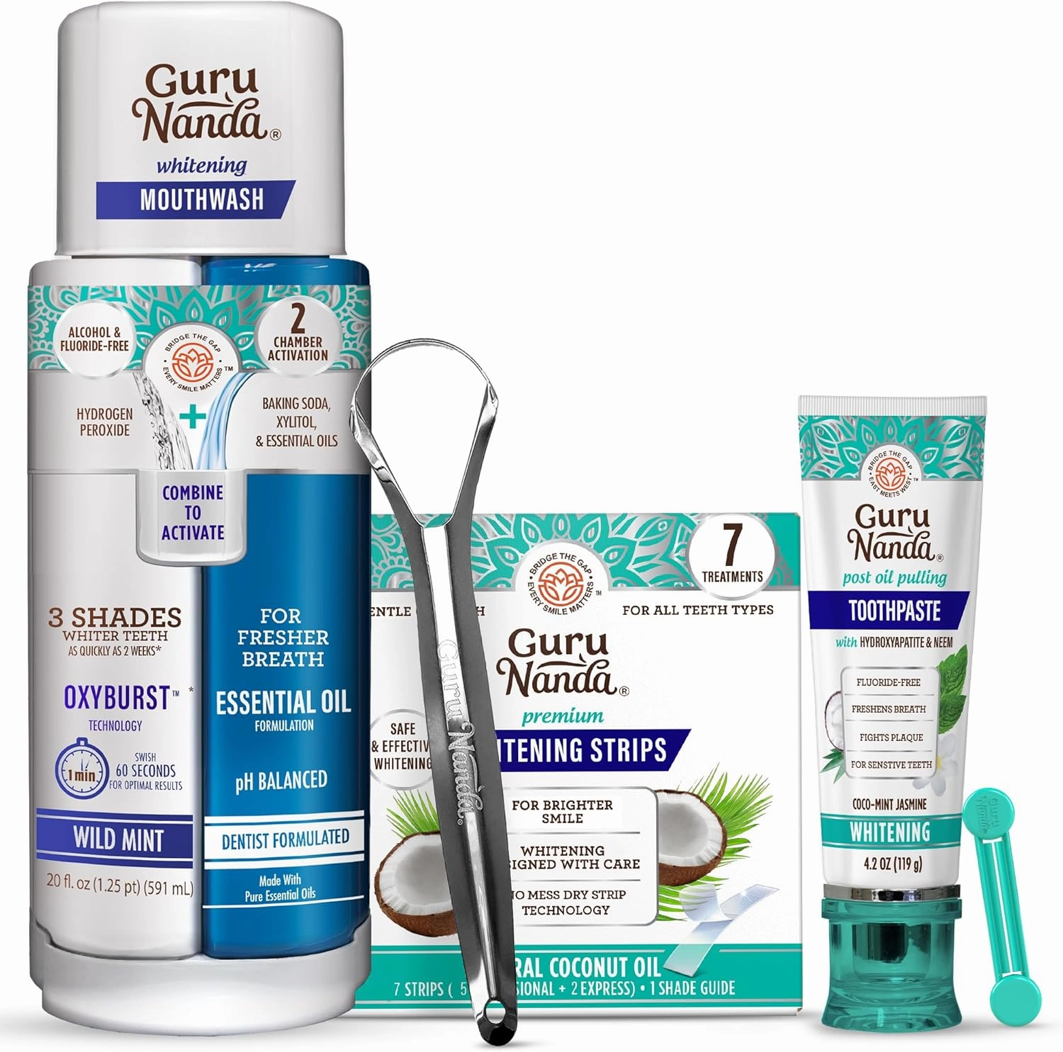 GuruNanda Whitening Power Bundle – Hydroxyapatite Toothpaste, Oxyburst Whitening Mouthwash & 7-Day Whitening Strips for a Brighter Smile