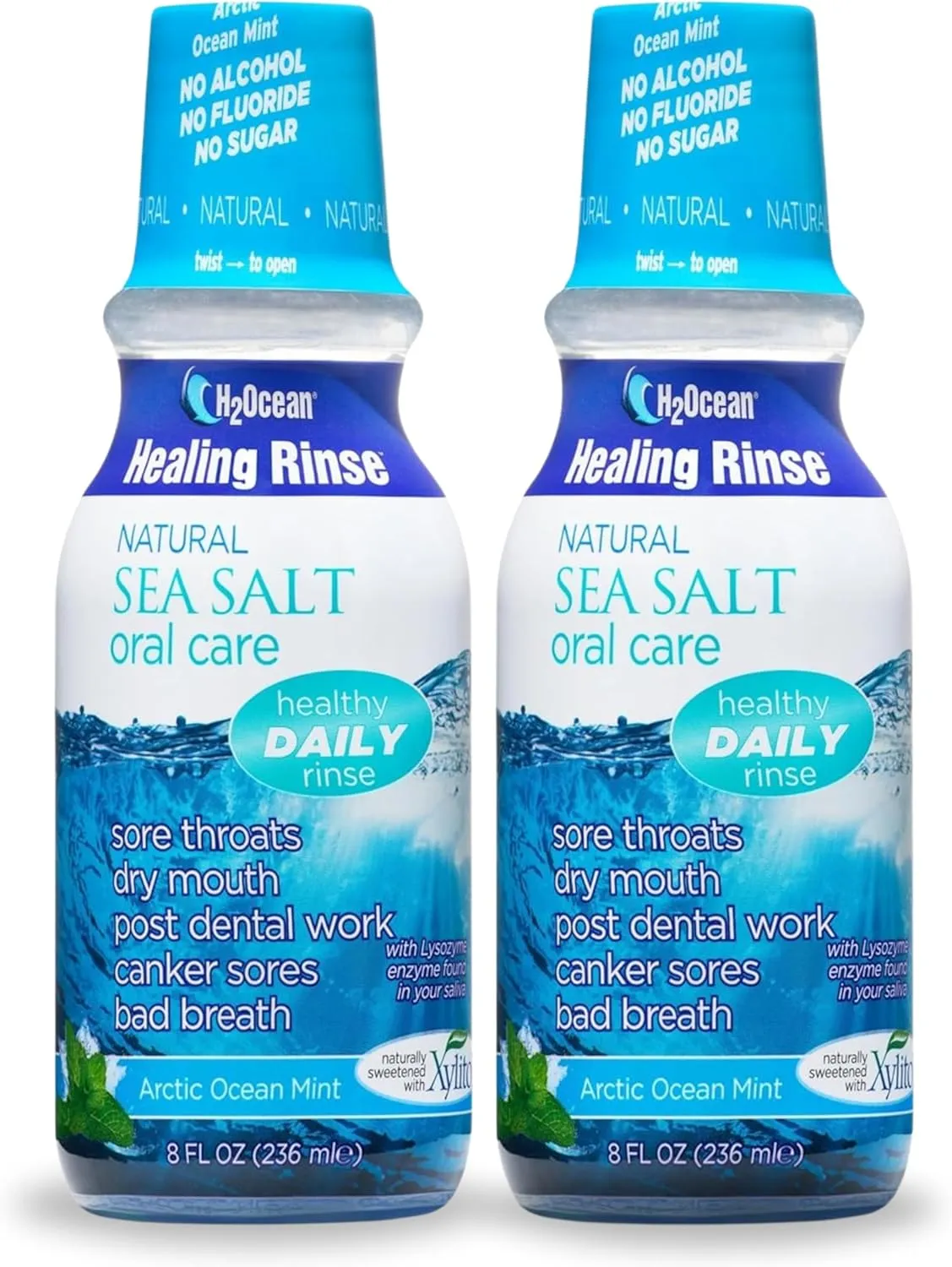 H2Ocean Healing Rinse Mouthwash - Great Tasting Sea Salt & Xylitol Mouth Wash for Fresh Breath & Dry Mouth - Alcohol & Fluoride Free - Arctic Ocean Mint 8oz (Pack of 2)