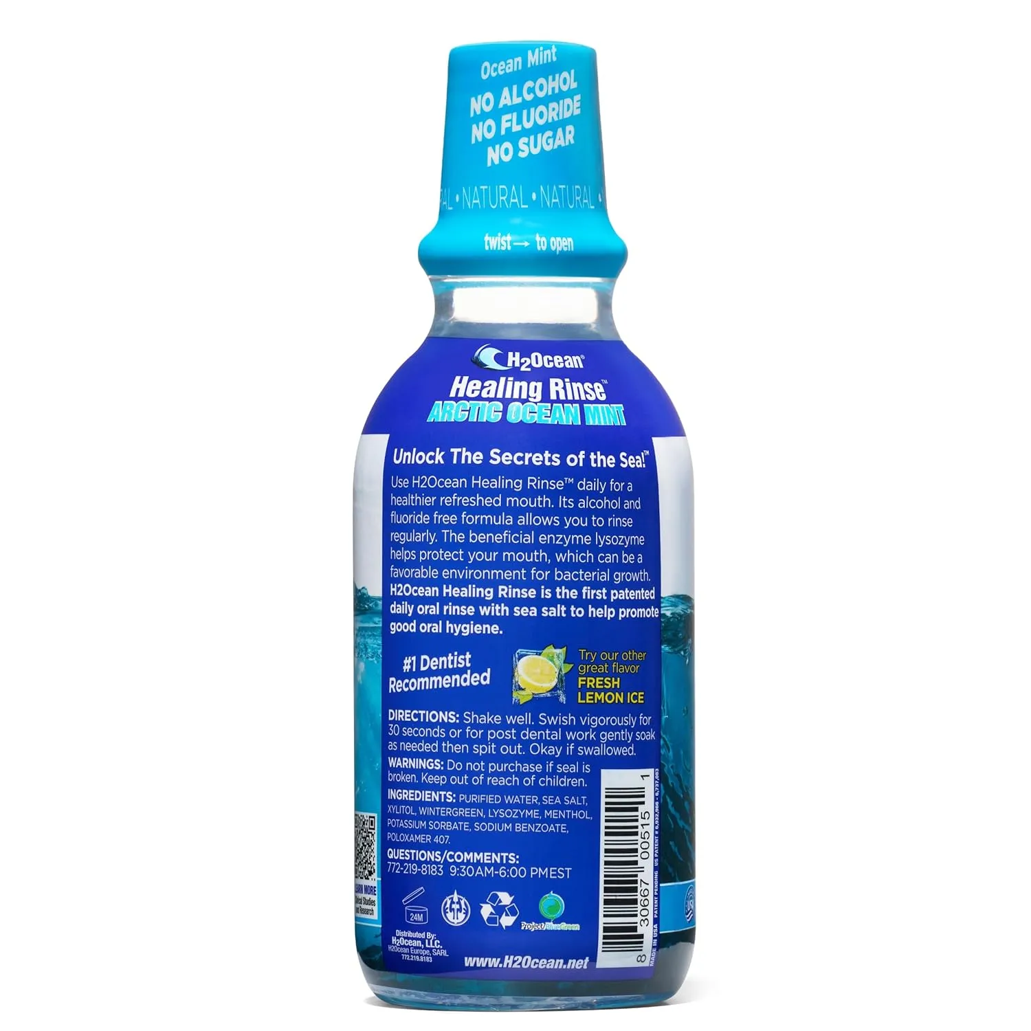 H2Ocean Healing Rinse Natural Sea Salt Oral Care - Mouth Rinse for Oral Care - Great for Piercings, Sore Throats & Gum Health - Alcohol- & Fluoride-Free Mouthwash - Arctic Ocean Mint, 16 oz