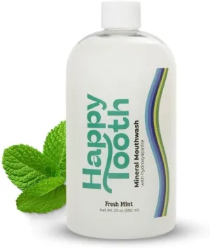 Happy Tooth Hydroxyapatite Mouthwash, Fluoride Free, Teeth Whitening, Remineralizing for Enamel Strength, Fresh Breath, Oral Microbiome Support, Dentist Formulated, Gentle Care, Fresh Mint, 20 Fl Oz