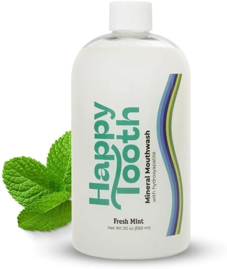 Happy Tooth Hydroxyapatite Mouthwash, Fluoride Free, Teeth Whitening, Remineralizing for Enamel Strength, Fresh Breath, Oral Microbiome Support, Dentist Formulated, Gentle Care, Fresh Mint, 20 Fl Oz