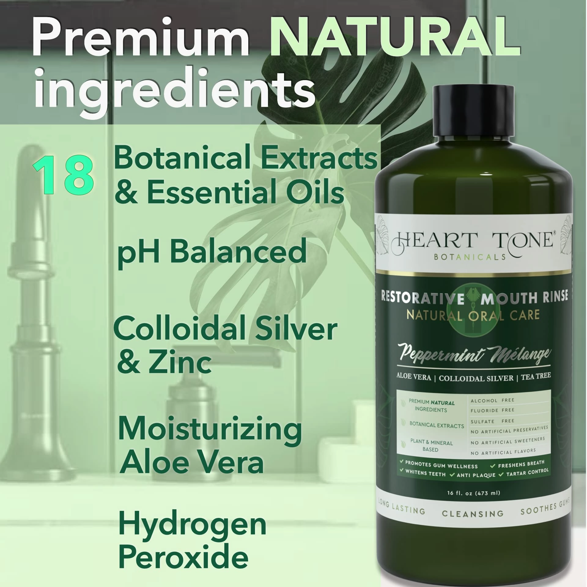 Heart Tone Botanicals Nano Silver Mouthwash | All Natural | Adult Restorative Mouth Rinse | Aloe Vera, Colloidal Silver, & Tea Tree | Complete Oral Care & Fresh Breath | Fluoride, GMO, & Alcohol Free