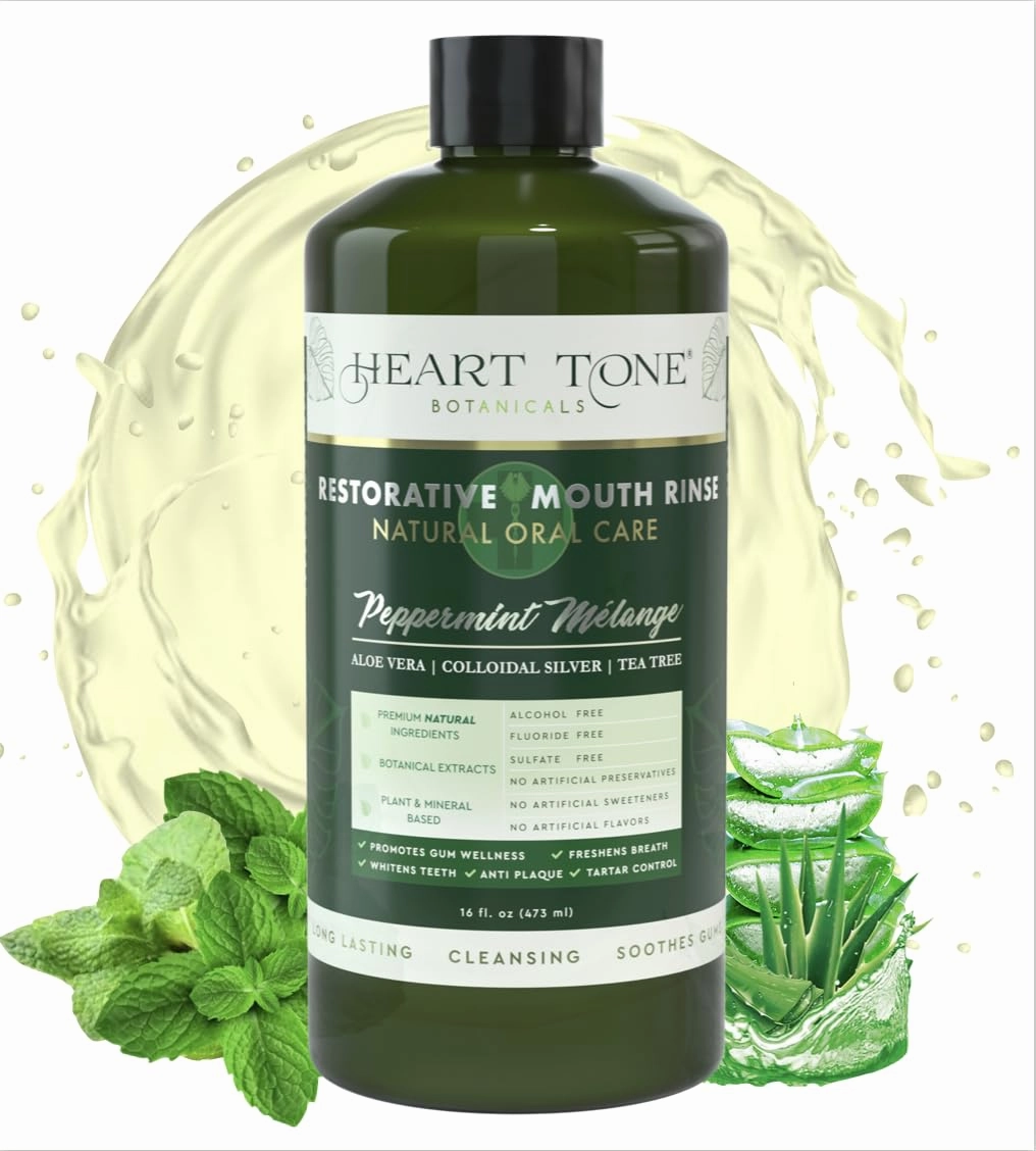Heart Tone Botanicals Nano Silver Mouthwash | All Natural | Adult Restorative Mouth Rinse | Aloe Vera, Colloidal Silver, & Tea Tree | Complete Oral Care & Fresh Breath | Fluoride, GMO, & Alcohol Free