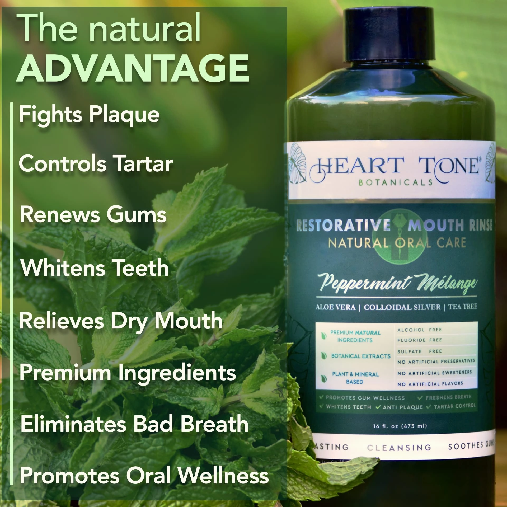 Heart Tone Botanicals Nano Silver Mouthwash | All Natural | Adult Restorative Mouth Rinse | Aloe Vera, Colloidal Silver, & Tea Tree | Complete Oral Care & Fresh Breath | Fluoride, GMO, & Alcohol Free