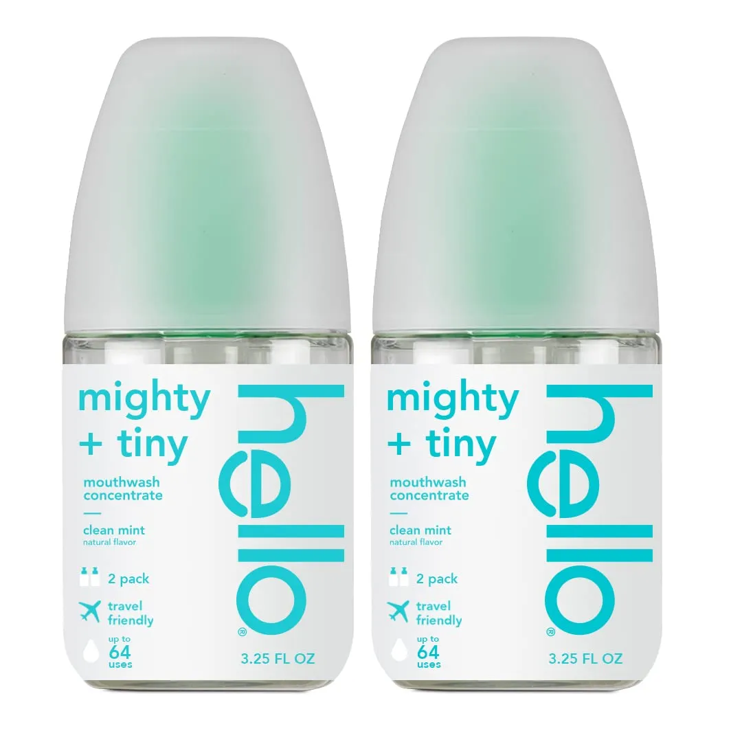 Hello Clean Mint Mouthwash Concentrate for Bad Breath, Alcohol Free Travel Size Mouthwash Made with Coconut Oil and Tea Tree Oil, Helps Freshen Breath, 2 Pack, 3.25 fl Oz Pump Bottles