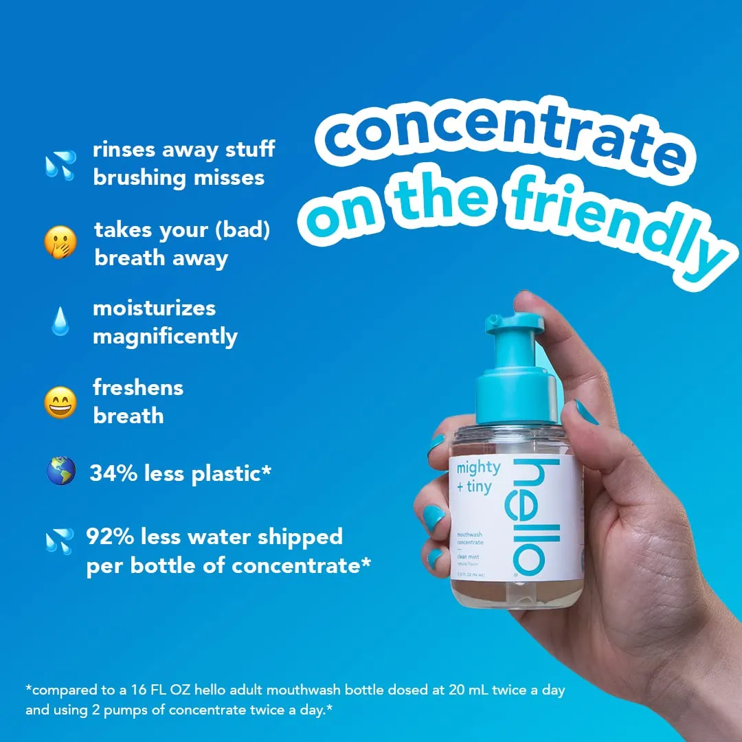 Hello Clean Mint Mouthwash Concentrate for Bad Breath, Alcohol Free Travel Size Mouthwash Made with Coconut Oil and Tea Tree Oil, Helps Freshen Breath, 2 Pack, 3.25 fl Oz Pump Bottles