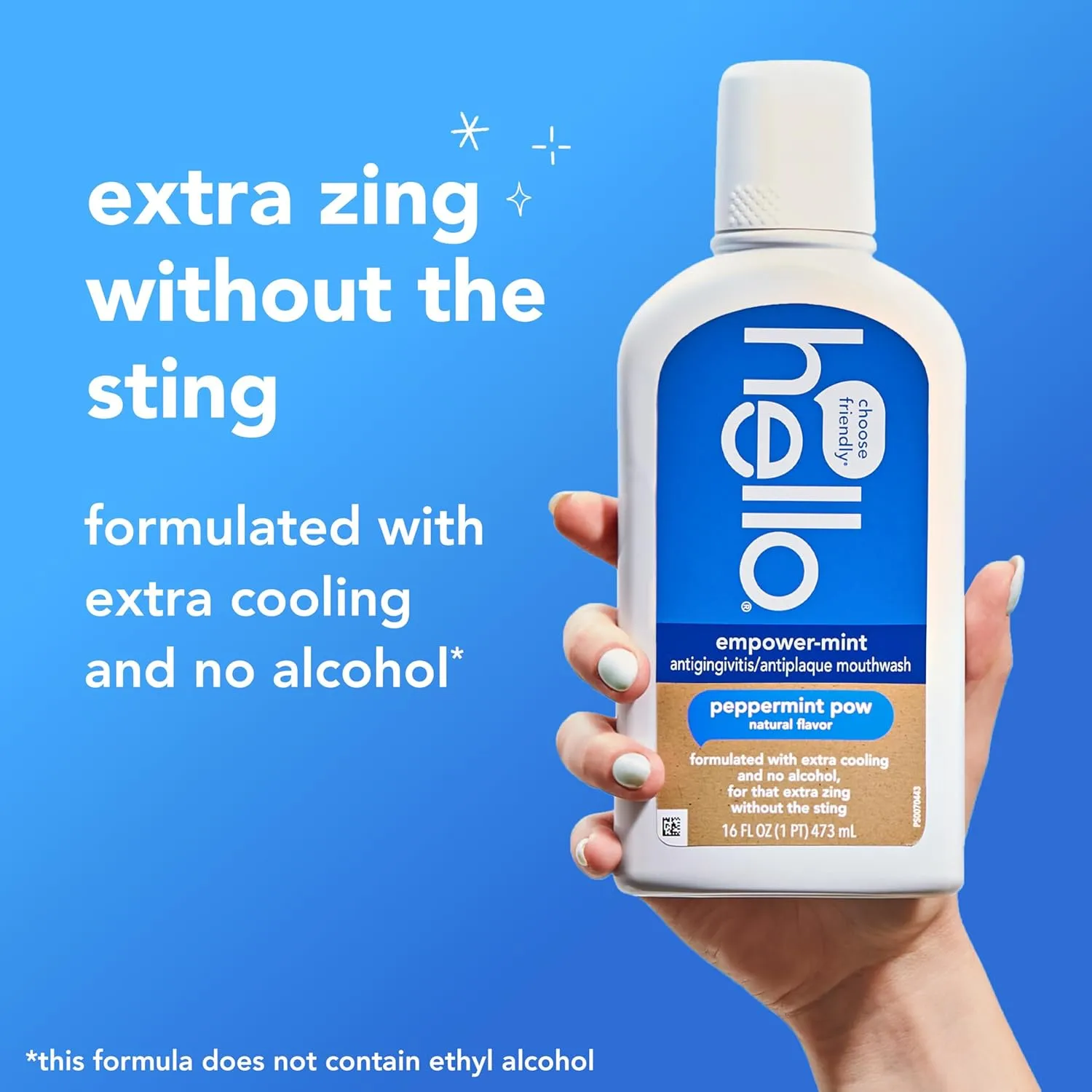 hello Empower-Mint Fluoride Free and Alcohol Free Mouthwash, Non Alcoholic Mint Mouthwash Pack, Peppermint Pow, 3 Pack, 16 Fl Oz Bottles
