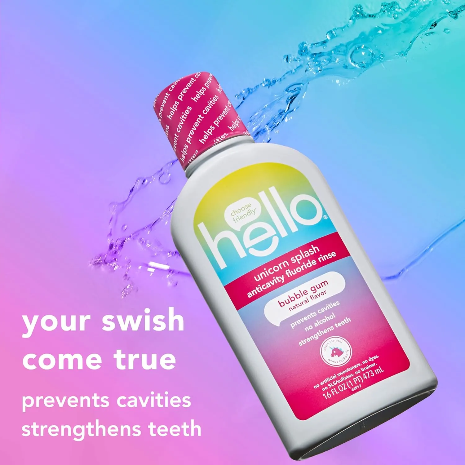 Hello Kids Mouthwash with Unicorn Bubble Gum Flavor, Alcohol Free Mouthwash for Kids with Fluoride, Safe for Ages 6 and Up, Anticavity, Vegan, No Alcohol, No Dyes, 16 Oz Bottles (Pack of 3)