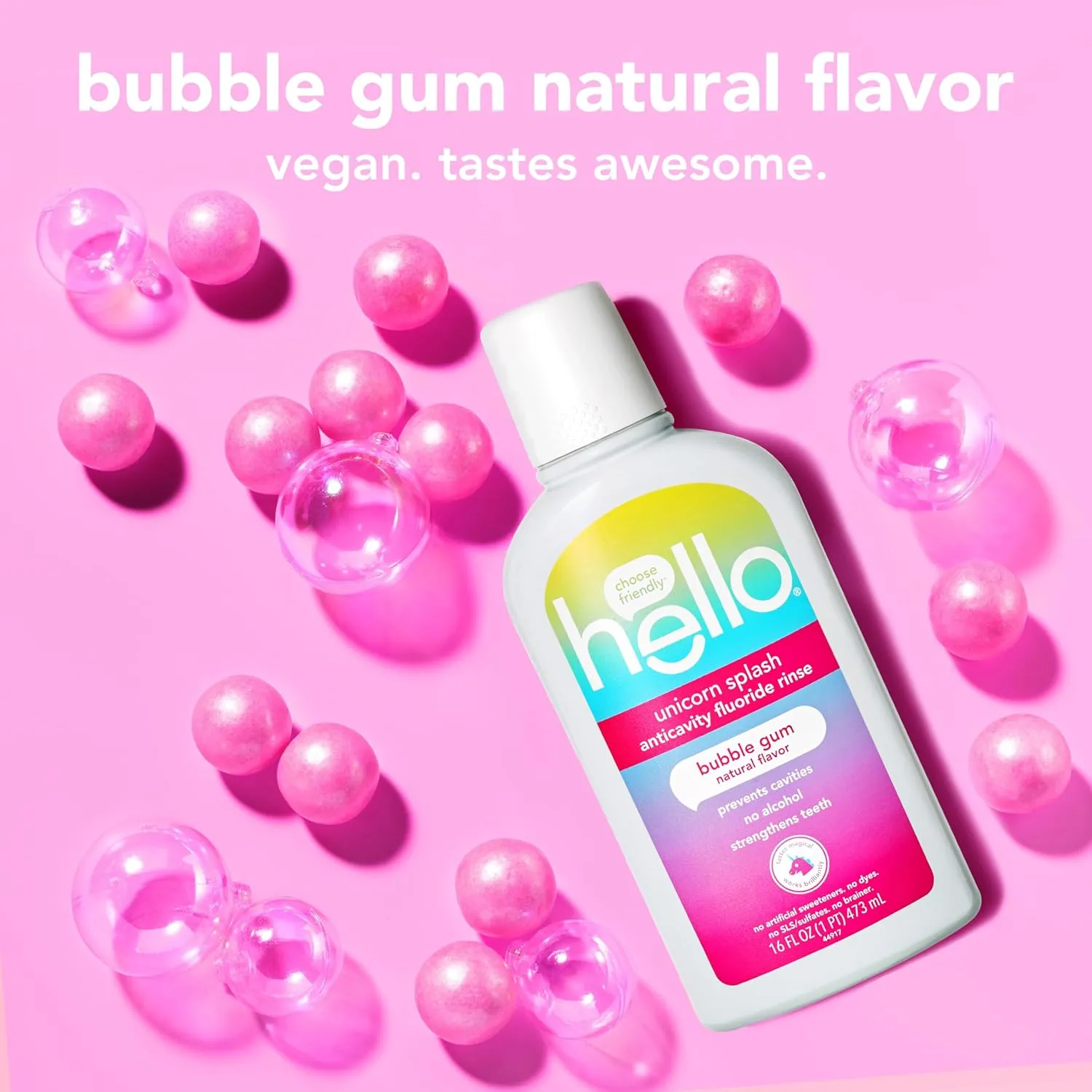 Hello Kids Mouthwash with Unicorn Bubble Gum Flavor, Alcohol Free Mouthwash for Kids with Fluoride, Safe for Ages 6 and Up, Anticavity, Vegan, No Alcohol, No Dyes, 16 Oz Bottles (Pack of 3)