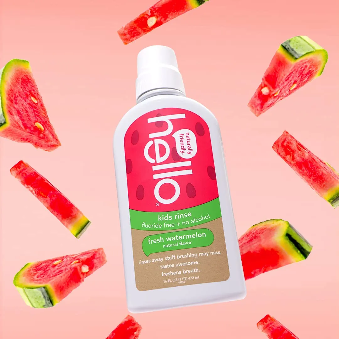 Hello Natural Watermelon Flavor Kids Fluoride Free Rinse, Alcohol Free, Vegan, SLS Free, Mouthwash for Kids Age 6 and Up, 16 Fl Oz (Pack of 3)