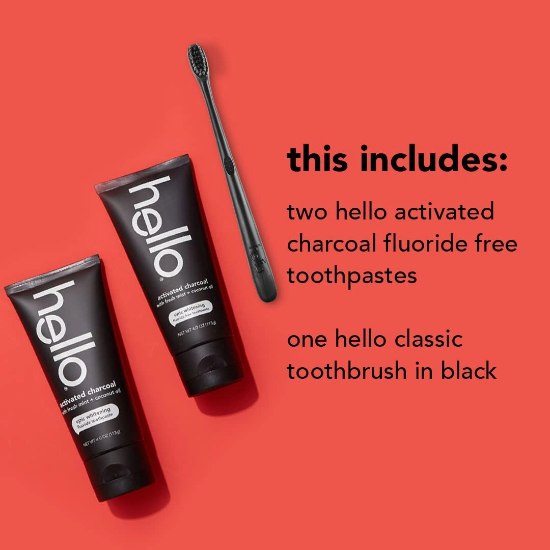 Hello Peace Out Plaque, Antigingivitis Alcohol Free Mouthwash, Natural Mint with Aloe Vera & Activated Charcoal Epic Teeth Whitening Fluoride Free Toothpaste and Toothbrush