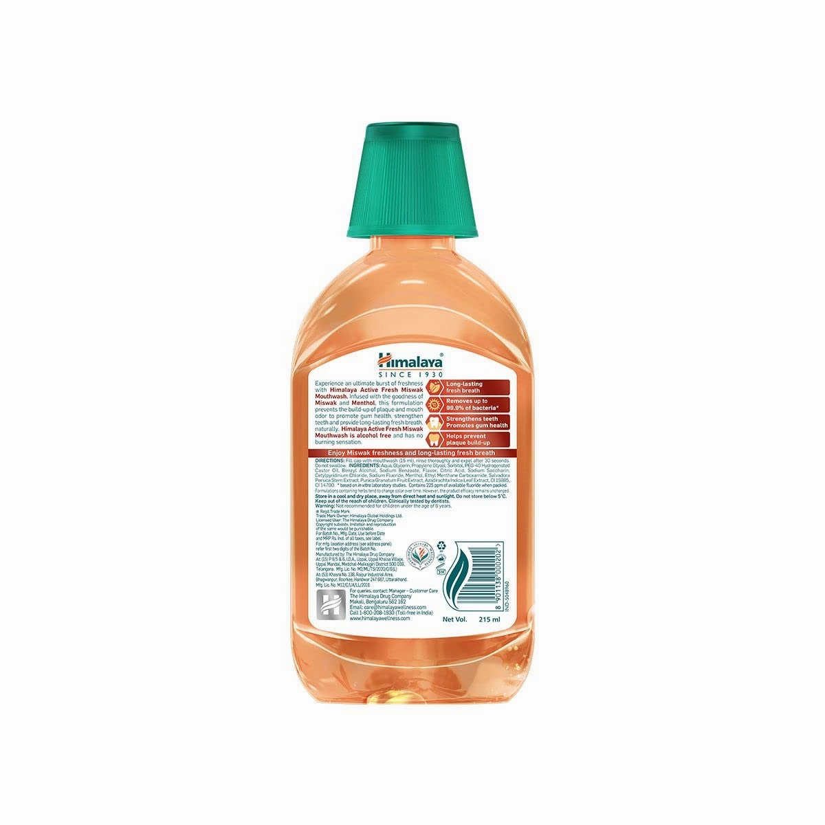 Himalaya Active Fresh Miswak Mouthwash 215ml-No Alcohol-Strong Gums,Fresh Breath,12hr Germ Protection