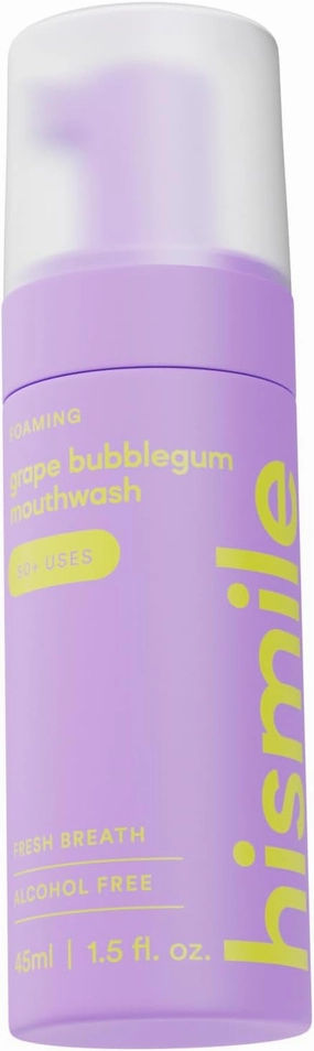 Hismile Flavoured Foaming Mouthwash, Alcohol-Free Mouthwash, Foaming Action, 50  Uses (45ml, Grape Bubblegum)
