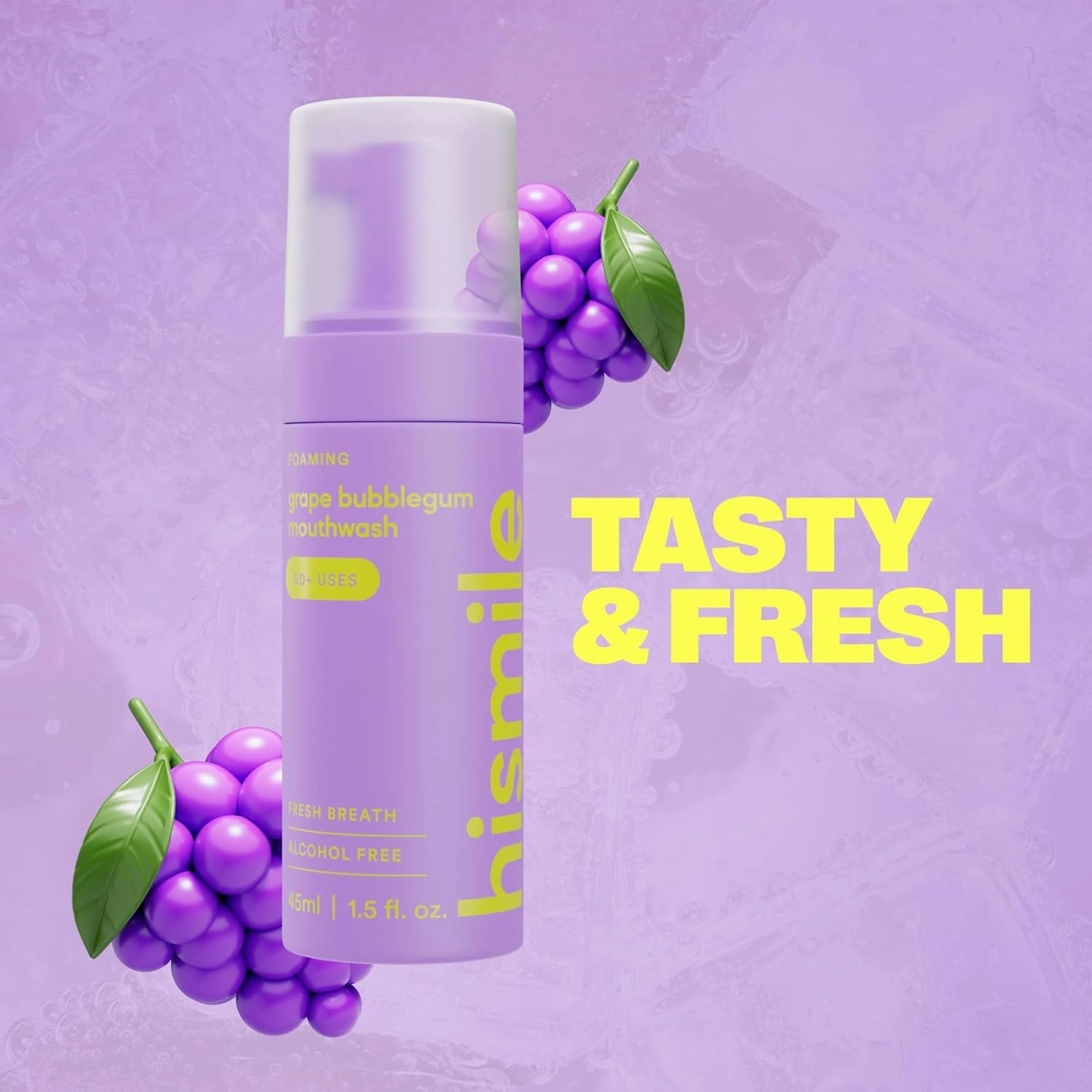 Hismile Flavoured Foaming Mouthwash, Alcohol-Free Mouthwash, Foaming Action, 50  Uses (45ml, Grape Bubblegum)