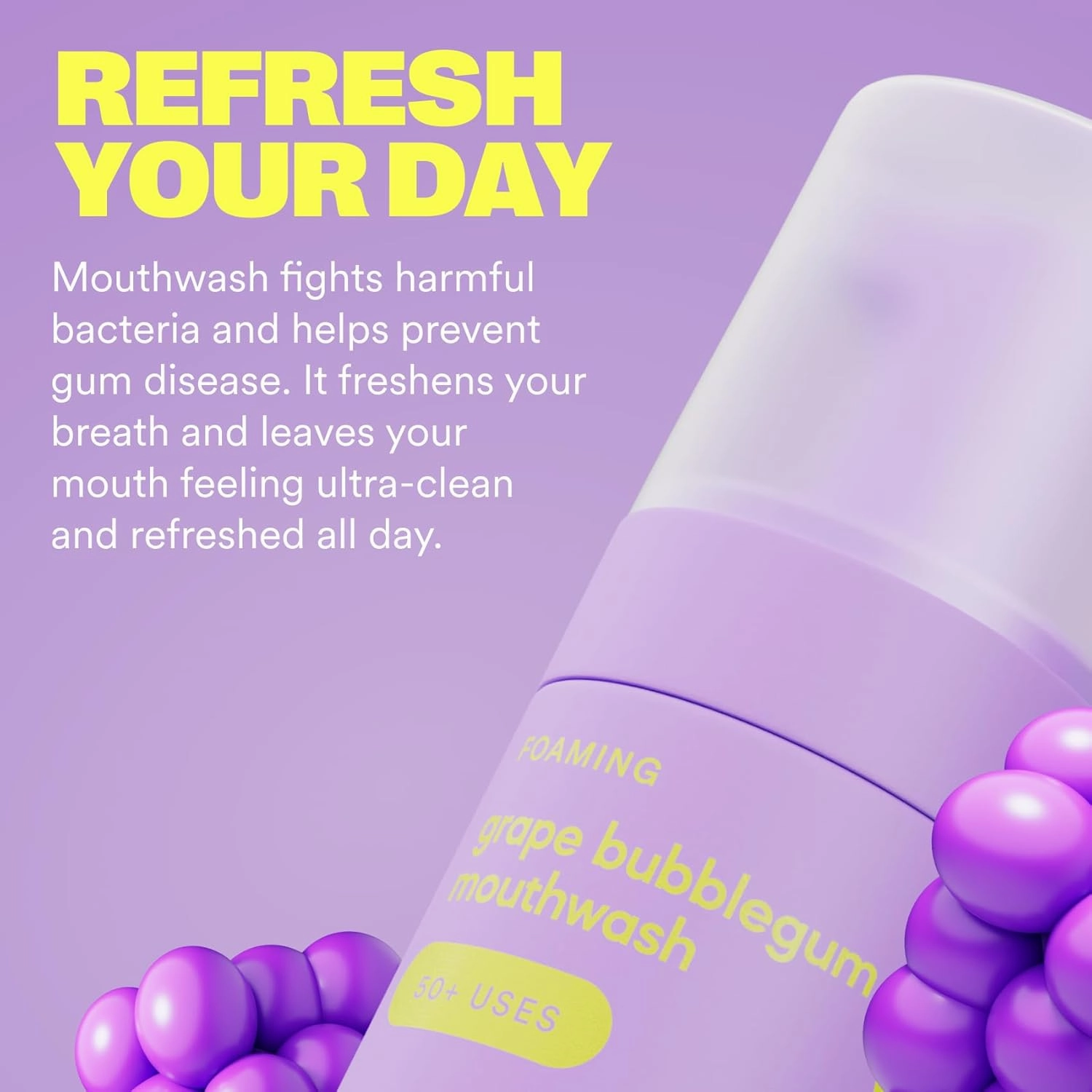 Hismile Flavoured Foaming Mouthwash, Alcohol-Free Mouthwash, Foaming Action, 50  Uses (45ml, Grape Bubblegum)