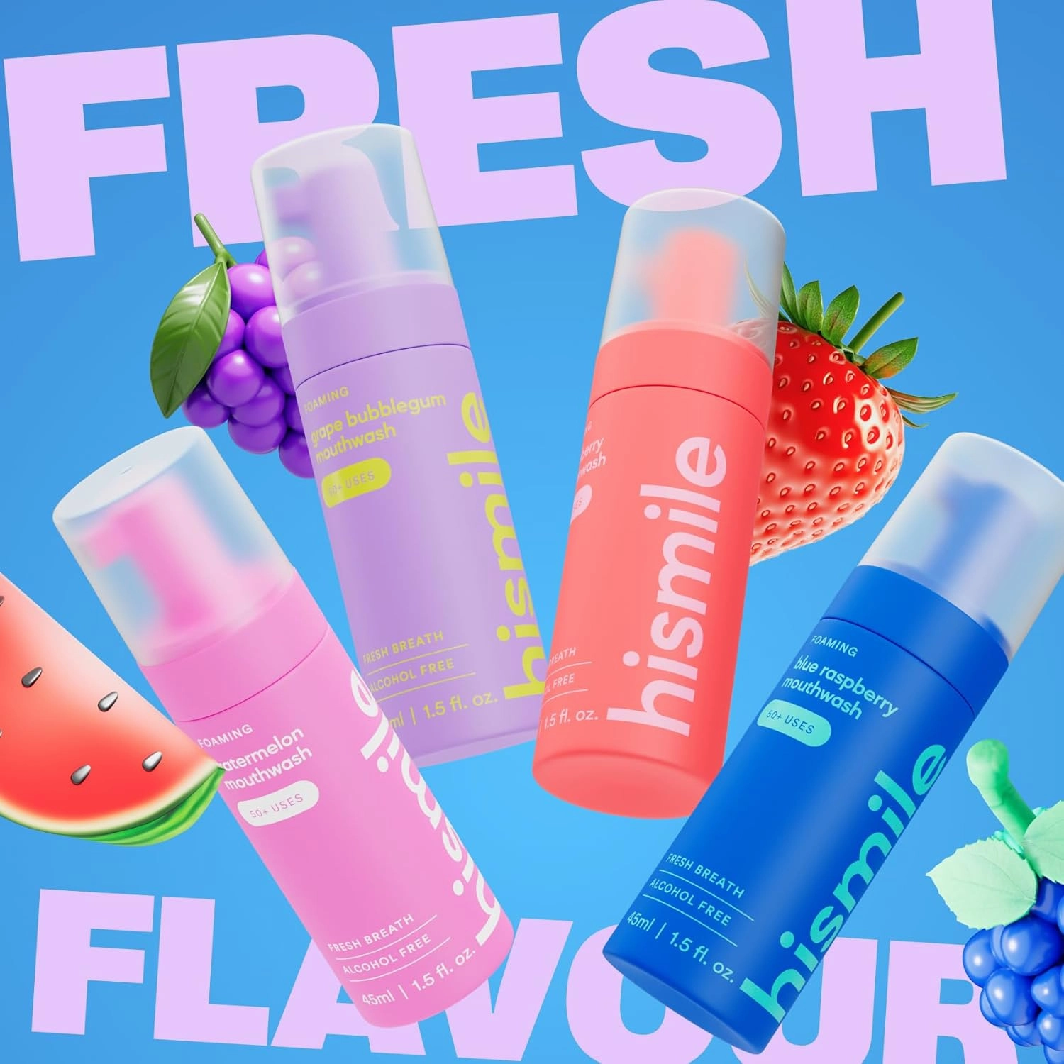 Hismile Flavoured Foaming Mouthwash, Alcohol-Free Mouthwash, Foaming Action, 50  Uses (45ml, Grape Bubblegum)